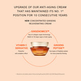 A jar of Sulwhasoo Concentrated Ginseng Rejuvenating Cream is shown, highlighting its key ingredients— Ginsenosides for collagen repair and Vitamin C Derivative for anti-oxidation—to showcase the cream's rejuvenating effects and its ten-year reign as a number one anti-aging cream in Korea.