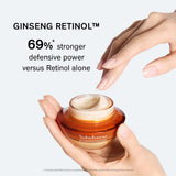 A hand delicately scoops the rich, creamy texture of Sulwhasoo's Concentrated Ginseng Rejuvenating Cream Rich, showcasing its 69% stronger defensive power compared to retinol alone.