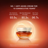 A jar of Sulwhasoo Concentrated Ginseng Rejuvenating Cream sits center stage, highlighted by glowing rings, showcasing survey results indicating 93.5% improved skin elasticity, 90.3% longer-lasting moisturization, and 96.7% smoother skin after six weeks of use, reinforcing its status as the number one anti-aging cream for ten consecutive years.