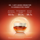 A jar of Sulwhasoo Concentrated Ginseng Rejuvenating Cream sits center stage, highlighted by glowing rings, showcasing survey results indicating 93.5% improved skin elasticity, 90.3% longer-lasting moisturization, and 96.7% smoother skin after six weeks of use, reinforcing its status as the number one anti-aging cream for ten consecutive years.