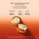 A jar of Sulwhasoo Concentrated Ginseng Rejuvenating Cream Rich sits open, showcasing its creamy texture, alongside data highlighting a 96.6% improvement in self-rejuvenating power, 100% improvement in skin elasticity, and a 93.3% reduction in visible wrinkles after 7 days of use.