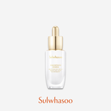 A bottle of Sulwhasoo Concentrated Ginseng Brightening Spot Ampoule, featuring a sleek white glass design with a gold cap and dropper, promises brighter, more even skin tone.