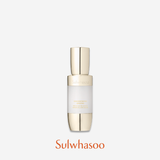 A bottle of Sulwhasoo Concentrated Ginseng Brightening Serum, featuring a sleek design with a gold cap and a pearly white serum, promises to deliver radiance and tone to the skin.