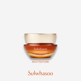 A jar of Sulwhasoo Concentrated Ginseng Rejuvenating Cream Rich displays its rich, amber texture, promising luxurious rejuvenation for the skin.