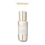 A bottle of Sulwhasoo Concentrated Ginseng Brightening Serum sits upright, showcasing its elegant gold and white design and promising radiant, toned skin.