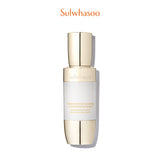 A bottle of Sulwhasoo Concentrated Ginseng Brightening Serum sits on a white background, showcasing its elegant design and promising radiant, elastic skin.