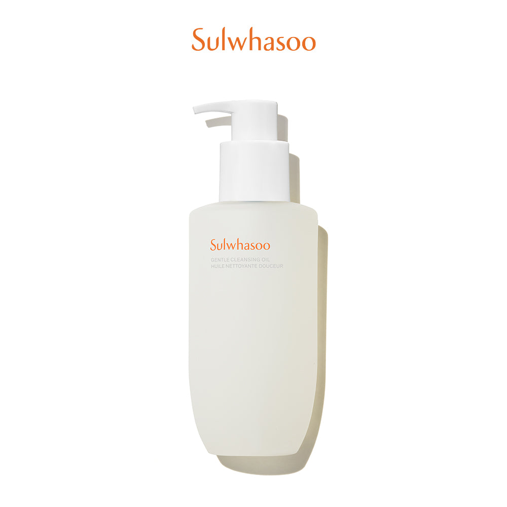 Close-up of Sulwhasoo Gentle Cleansing Oil bottle, highlighting its minimal design and clean skincare aesthetic.